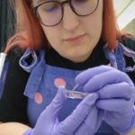A red-haired person wearing blue spotty dungarees and purple gloves using a pipette tip to poke a plastic device.