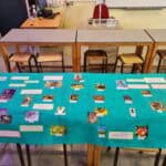 A large paper food web laying on science classroom desks