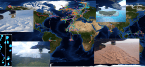 An image with a map with flight tracks and photos overlayed on top. Tracks are all over the world. Photos show showy landscape, a volcano with trees and smoke, a desert and an island.