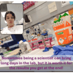 Woman in lab coat and goggles in front of lab bench with different materials and reagents