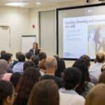 Lindsay talking at an LMS staff meeting about EDI