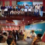 Two photos showing rows of staff sat and standing for a team photo, and group in a semi-circle around a whiteboard