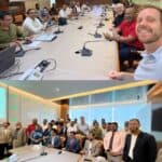 Two photos of staff sat and standing